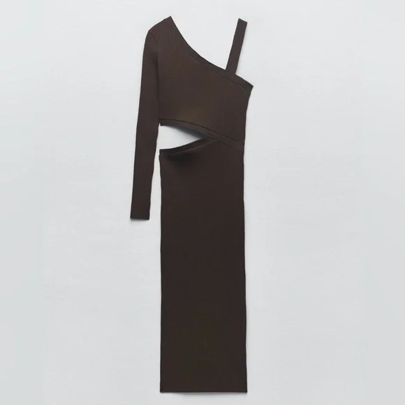 ZAR Brown One-Shoulder Ribbed Midi Dress - Picture 1 of 4